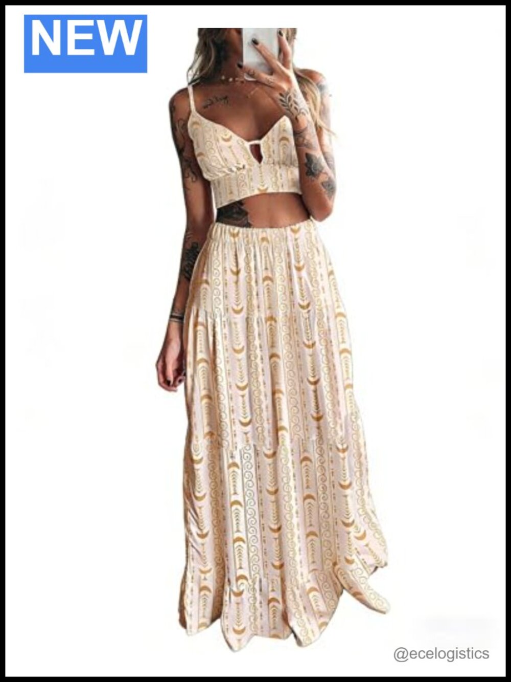 Boho Crop Top & Maxi Skirt Two-Piece Set 92% Polyester 8% Elastane